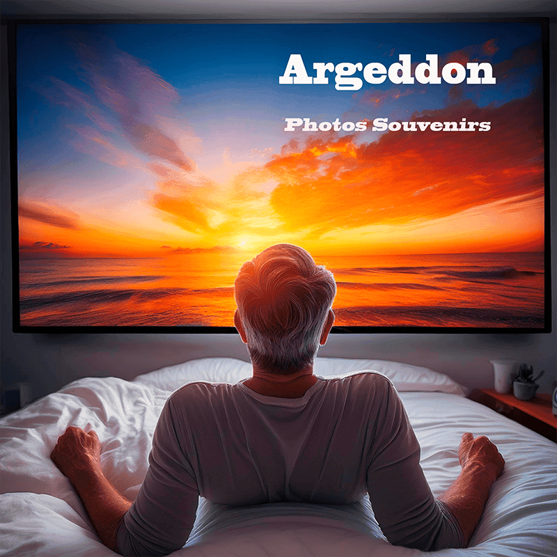 Pochette du titre Argeddon-Photos-souvenirs, homme âgé, de dos dans son lit, regardant photo de coucher de soleil sur écran tv