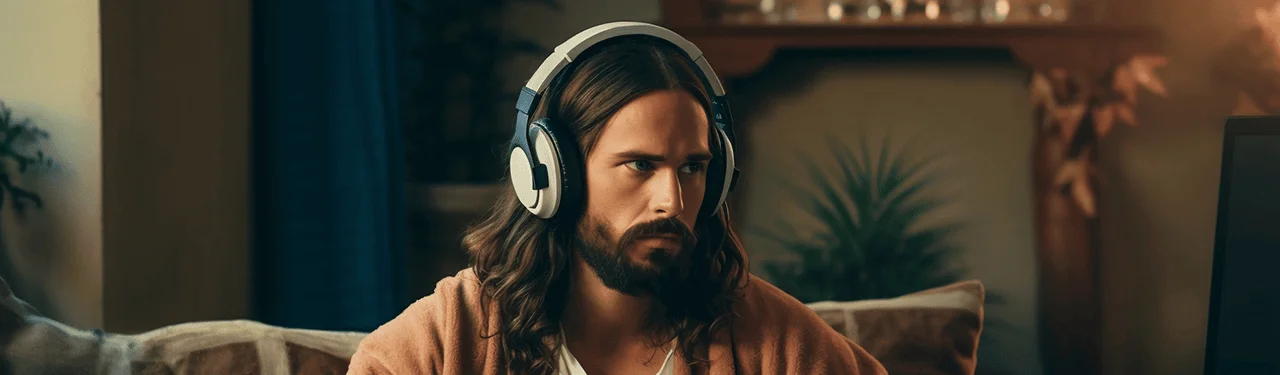 Bannière illustrative de la page création d'Argeddon, homme jeune écoutant de la musique dans son salon avec un casque