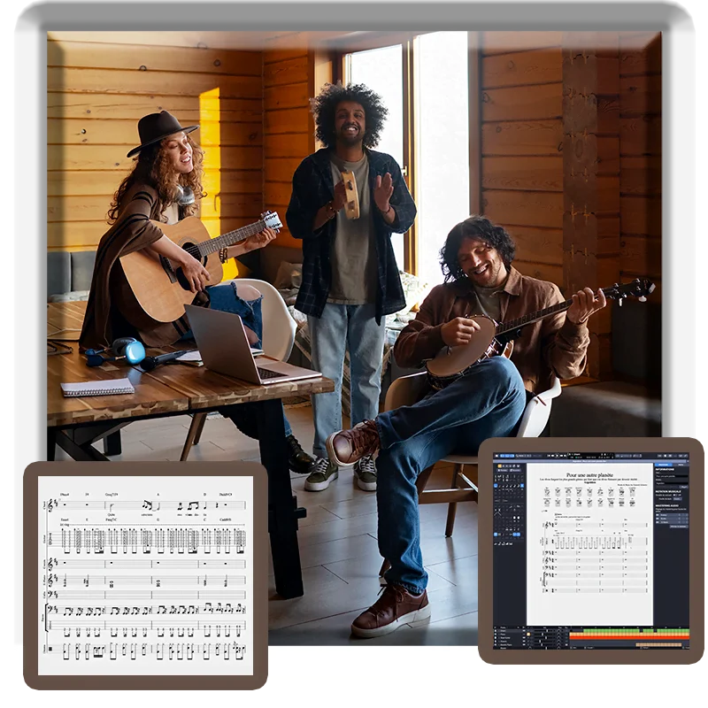 Illustration partitions, tablatures, backing track gratuites avec 3 jeunes musiciens en train de jouer ensemble guitare, banjo et tambourin...